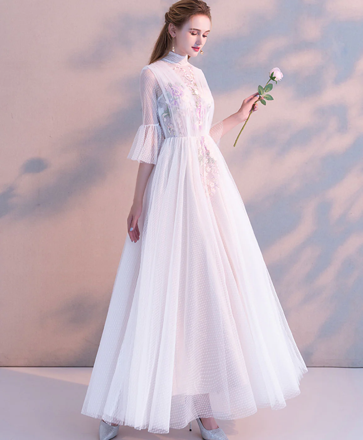 White High Neck Tulle Lace Tea Long Prom Dress Bridesmaid Dress - Deanwangkt