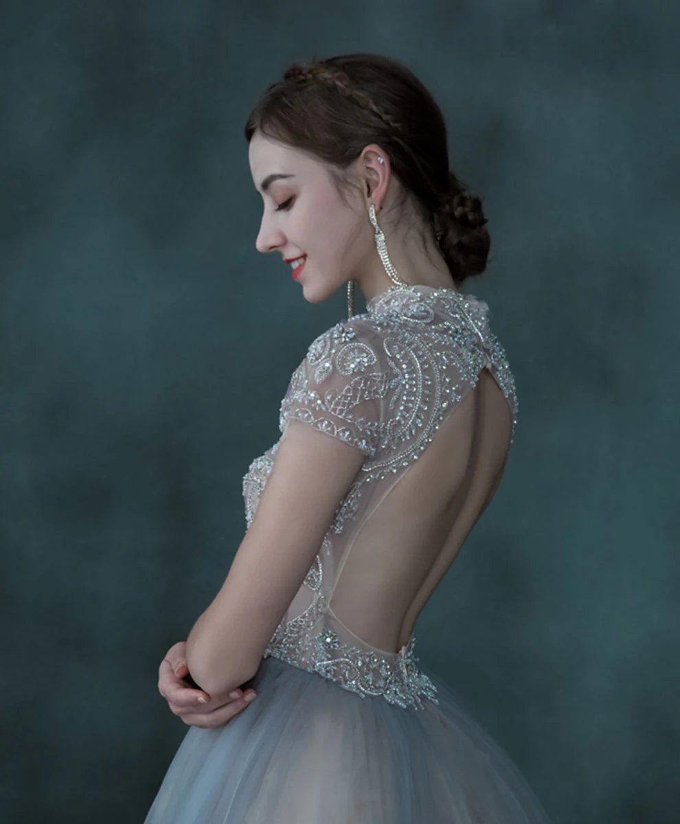 Blue Tulle Sequin Beading Long Prom Dress, Blue Aline Tulle Evening Dress - Deanwangkt