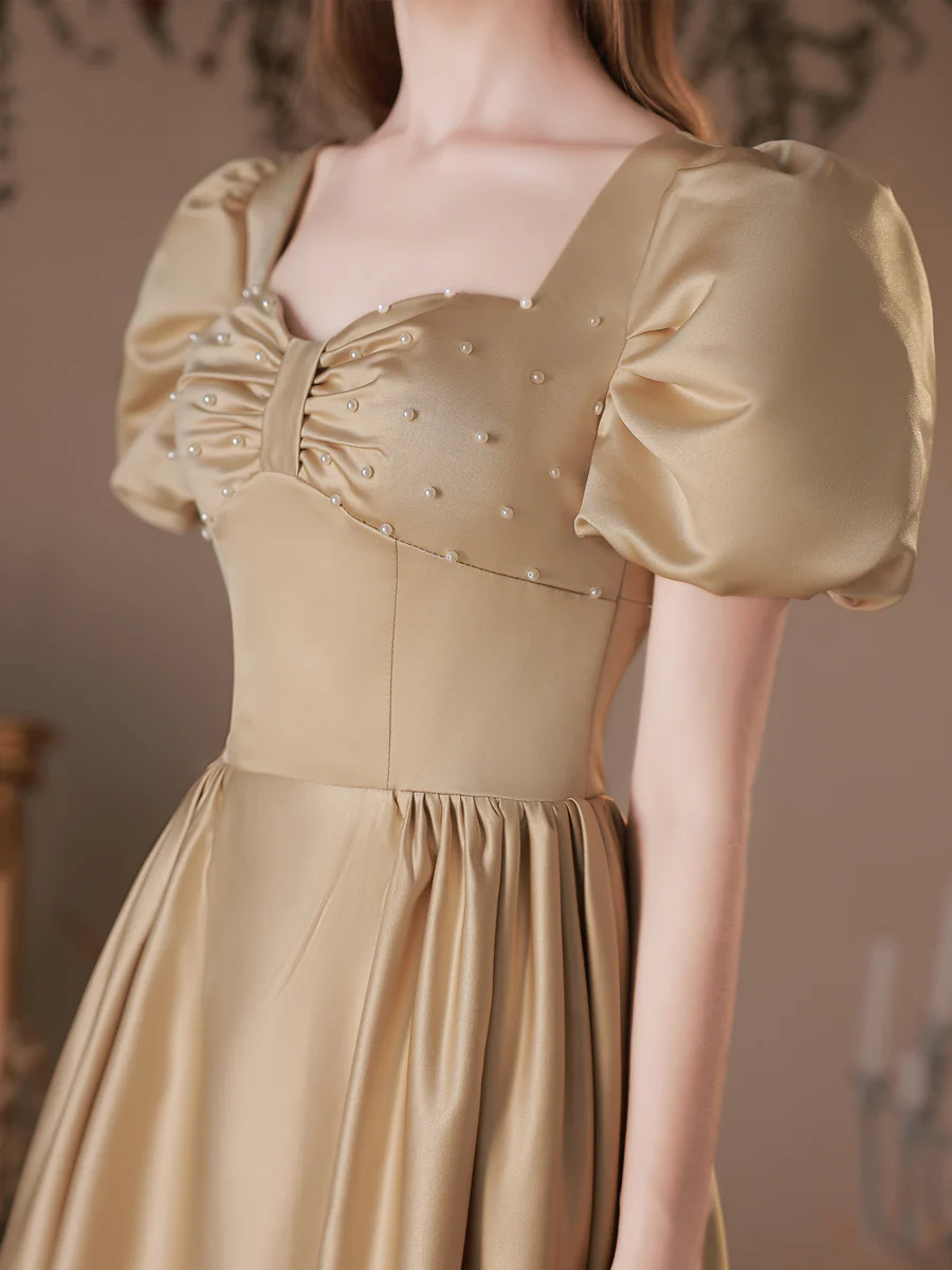 Simple Satin Tea Length Champagne Prom Dress, Satin Evening Dresses - Deanwangkt