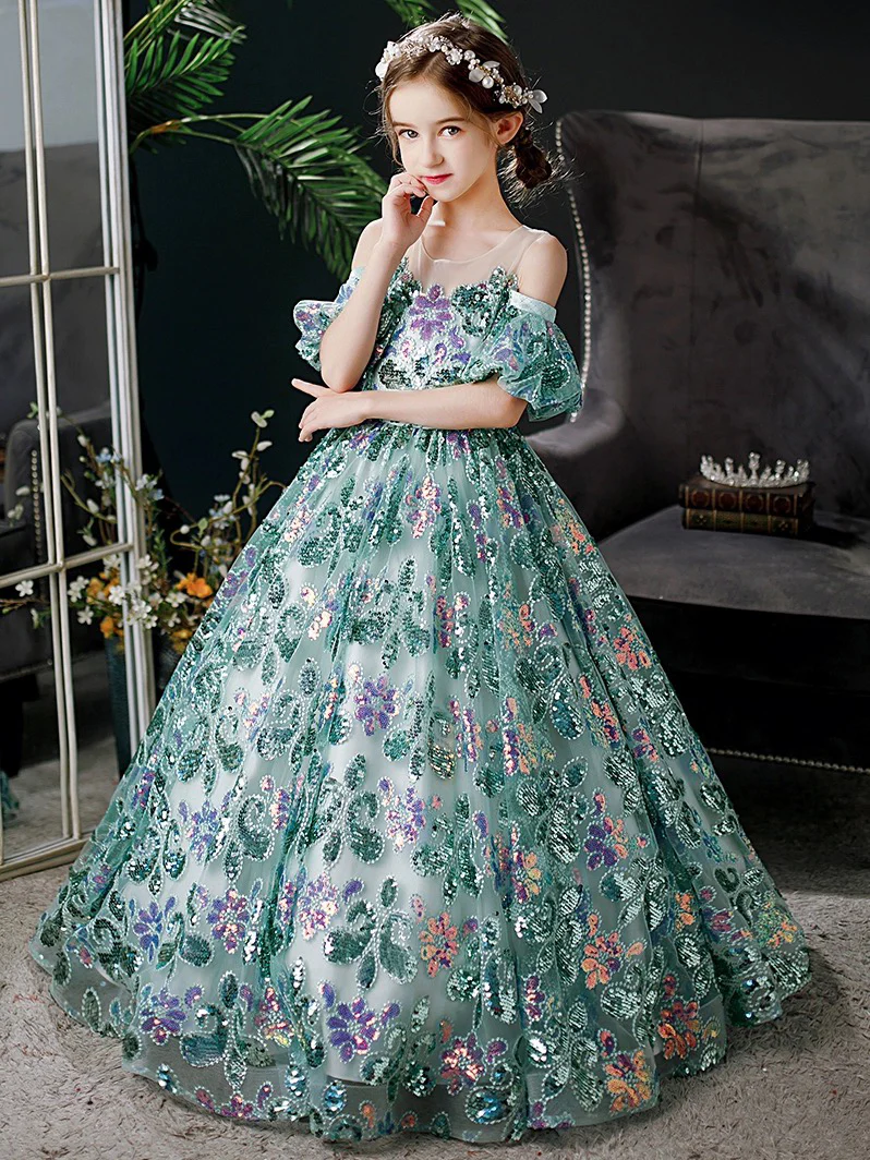 A-Line Scoop Neckline Sequin Lace Tulle Green Long Flower Girl Dress - Deanwangkt
