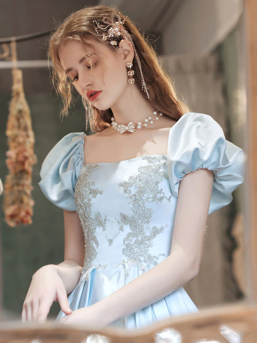 Light Blue Satin Lace Long Prom Dress Blue Lace Formal Dress - Deanwangkt
