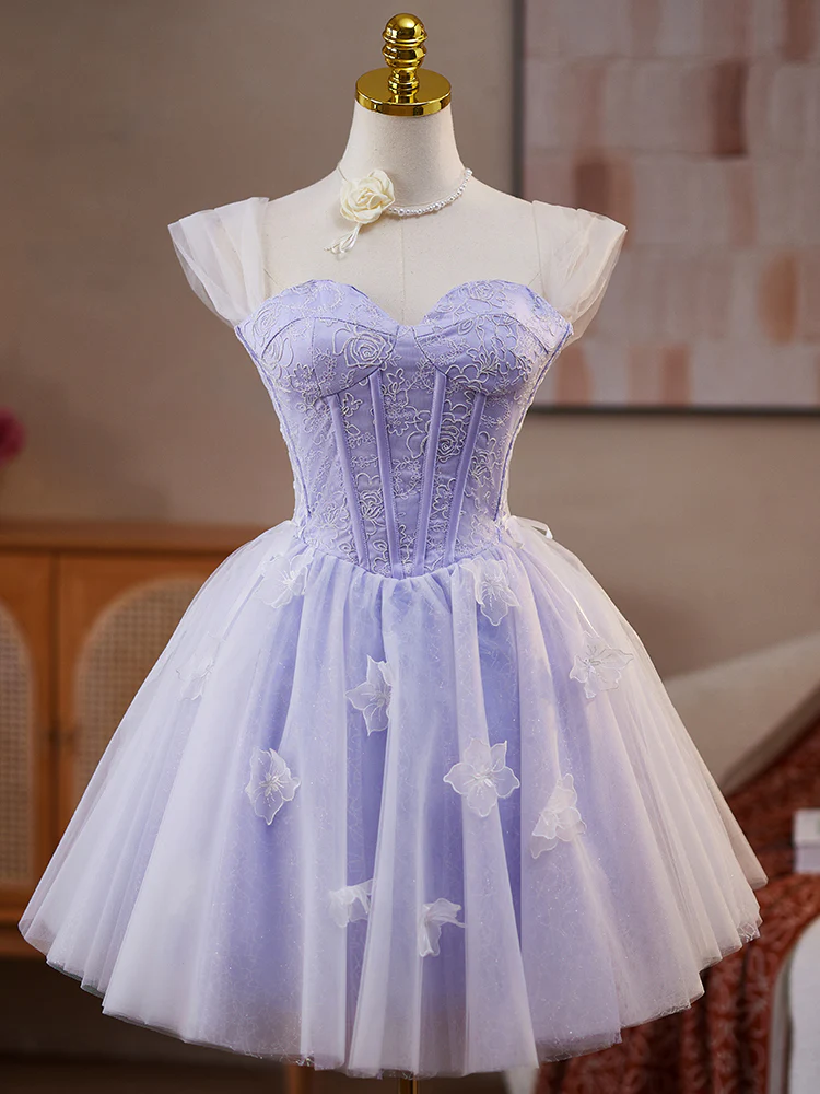 A-Line Sweetheart Neck Tulle Lace Short Purple Prom Dress, Purple Homecoming Dress - Deanwangkt