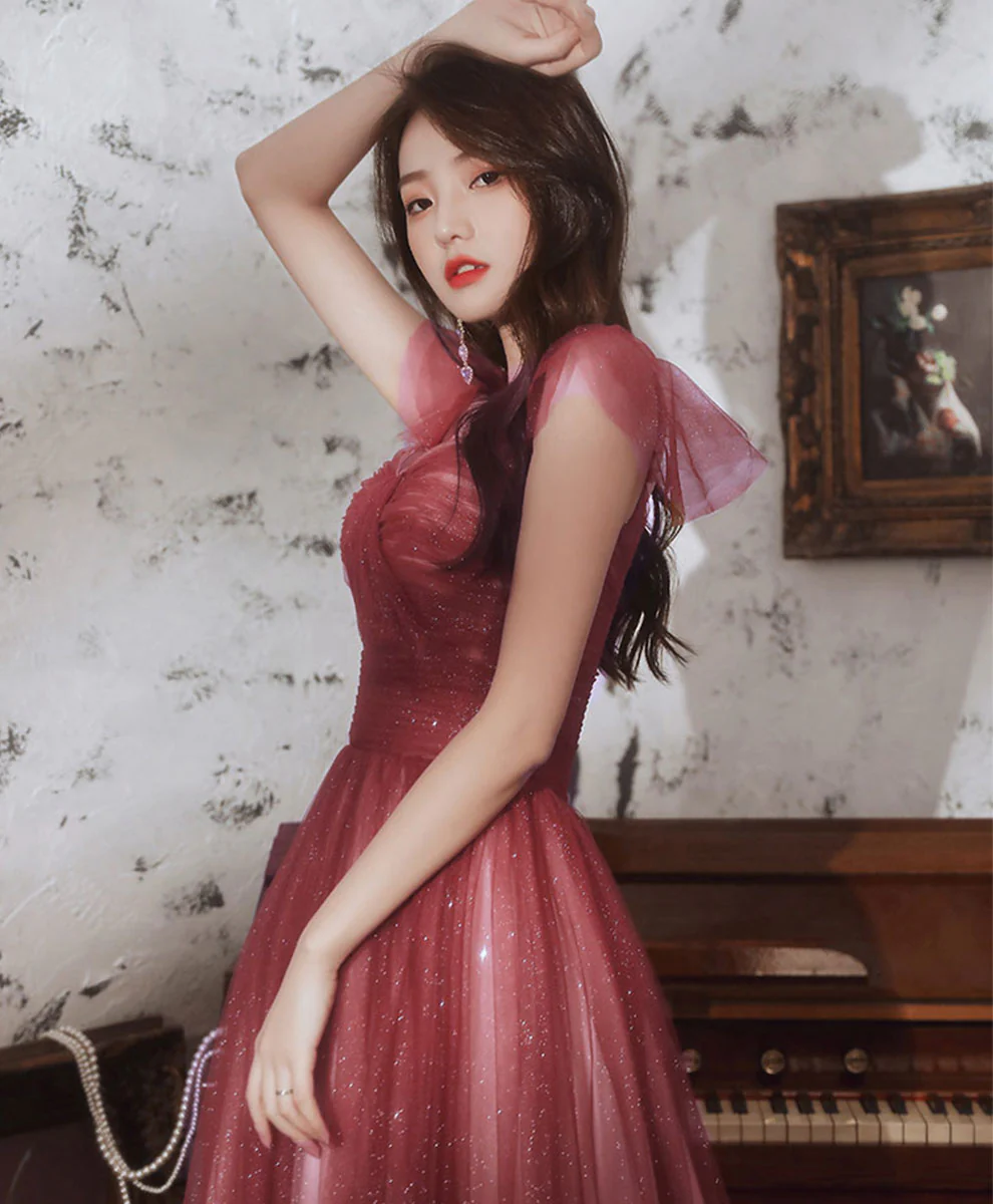 Simple Sweetheart Tulle Sequin Long Prom Dress, Aline Burgundy Formal Dress - Deanwangkt