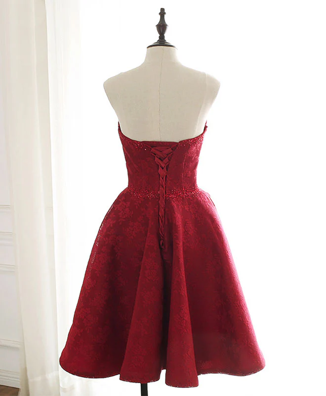 Burgundy Sweetheart Lace Short Prom Dress Burgundy Homecoming Dress - Deanwangkt