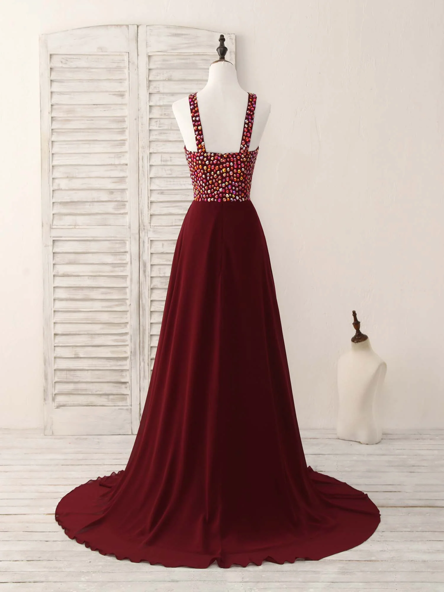 Burgundy Round Neck Chiffon Beads Long Prom Dress - Deanwangkt