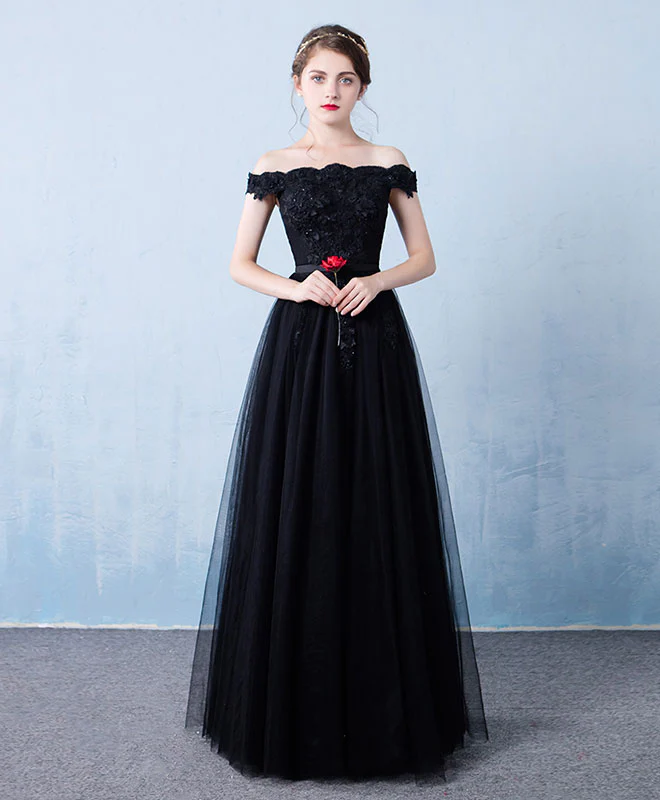 Blue Tulle Lace Off Shoulder Long Prom Dress, Bridesmaid Dress withe Beading - Deanwangkt