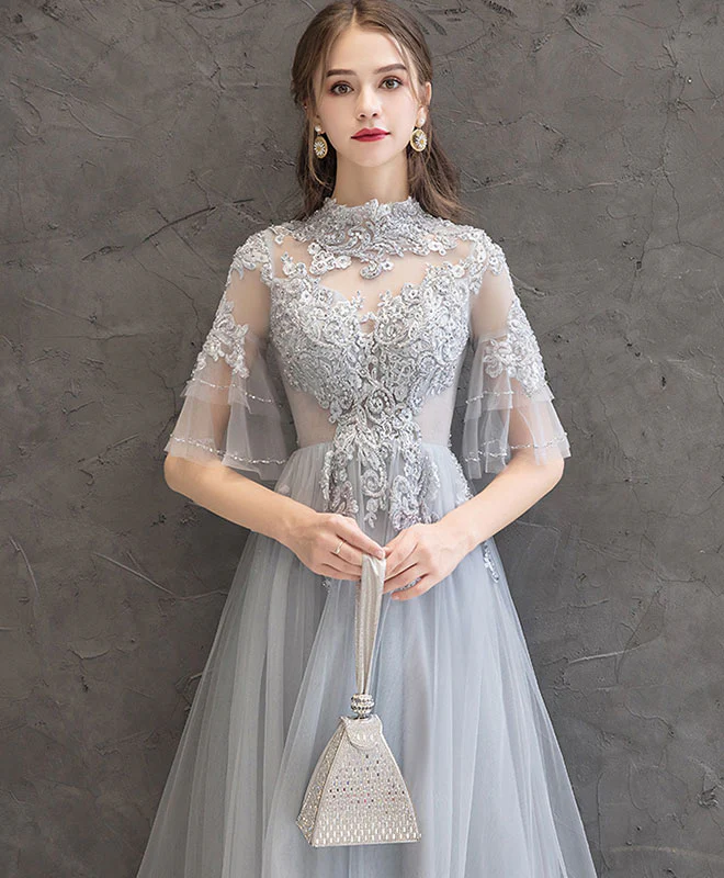 Gray Lace Tulle Long Prom Dress Gray Tulle Lace Formal Dress - Deanwangkt