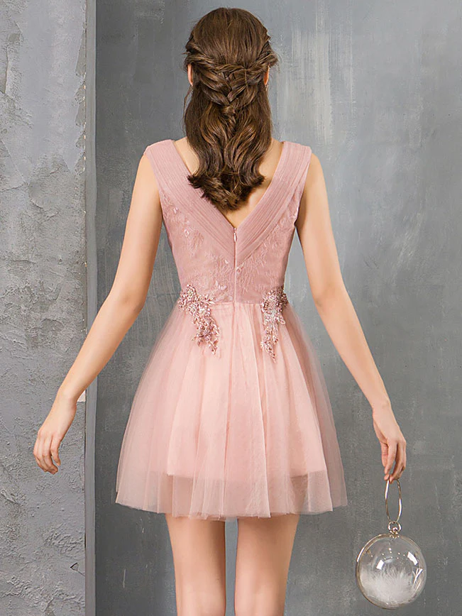 Pink V Neck Tulle Lace Short Prom Dress Pink Homecoming Dress - Deanwangkt