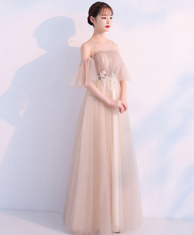 Champagne Round Neck Tulle Long Prom Dress, Champagne Tulle Evening Dress - Deanwangkt