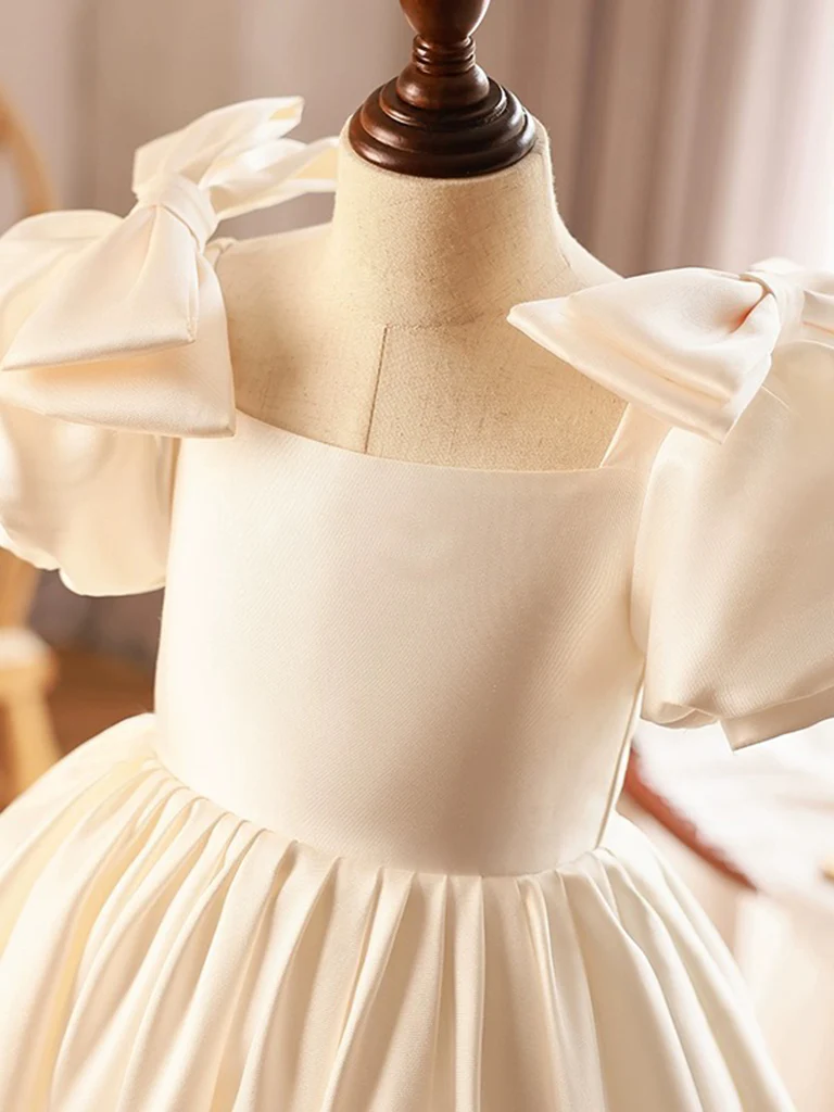 A-Line Puff Sleeves Satin Beige Flower Girl Dress - Deanwangkt