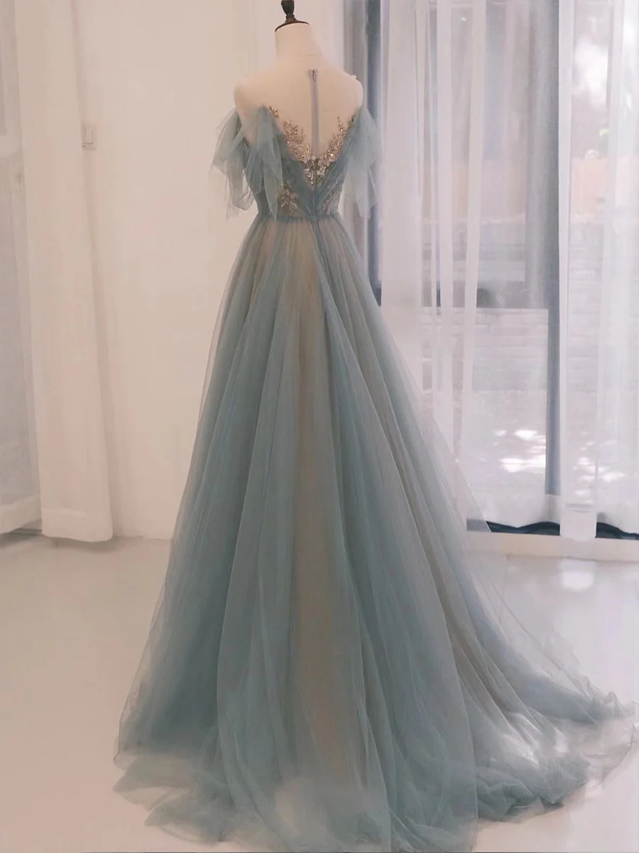 A-Line Scoop Neckline Tulle Gray Blue Long Prom Dress with Sequin - Deanwangkt
