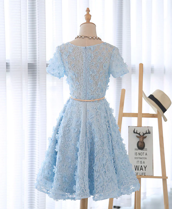 Cute Blue Lace Short Prom Dress, Blue Homecoming Dress - Deanwangkt