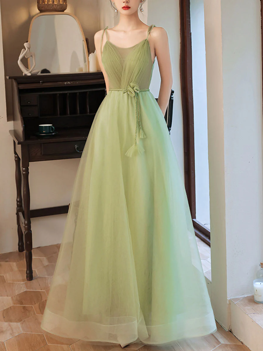 Simple Green Tulle Long Prom Dress, Green Bridesmaid Dresses - Deanwangkt