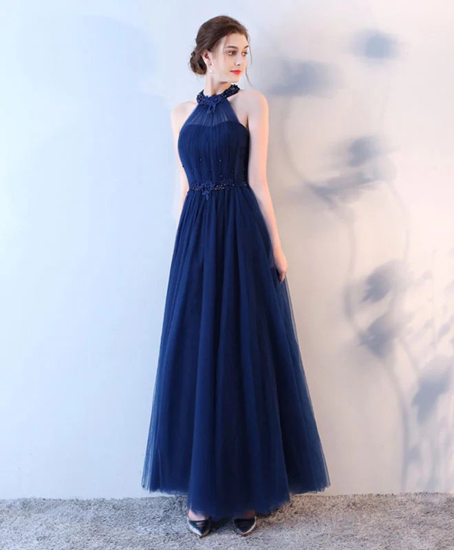 Blue Halter Tulle Long Prom Dress, Blue Evening Dress - Deanwangkt