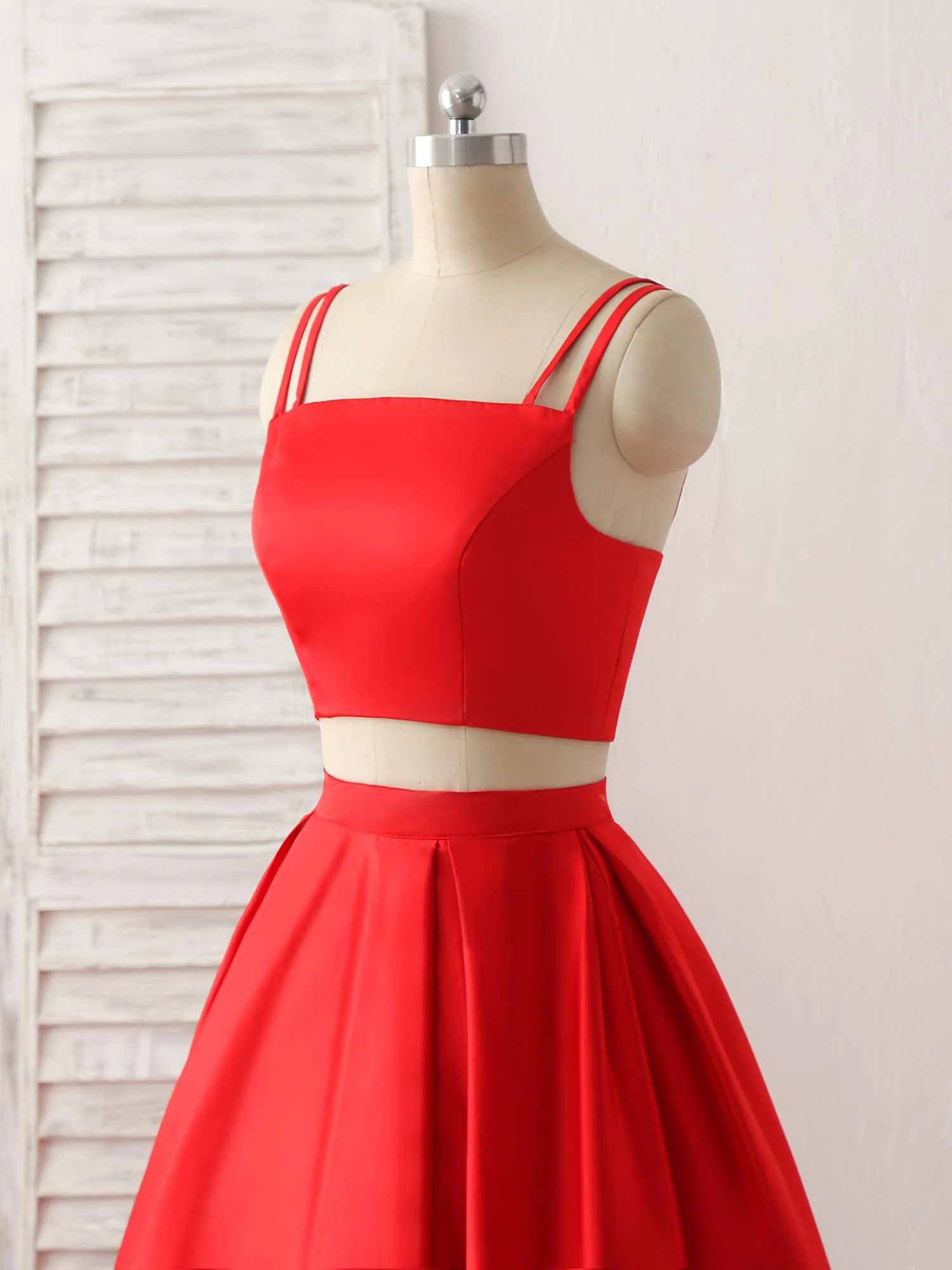 Red Two Pieces Satin Long Prom Dress Simple Red Evening Dress - Deanwangkt