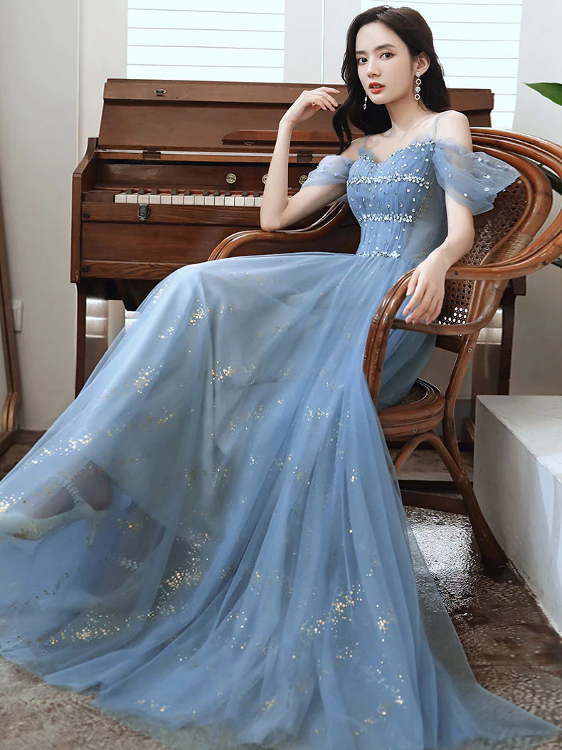 A line Off Shoulder Sequin Blue Long Prom Dress, Blue Long Party Evening Dresses - Deanwangkt