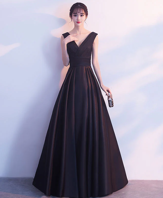 Simple Black V Neck Satin Long Prom Dress, Black Bridesmaid Dress - Deanwangkt