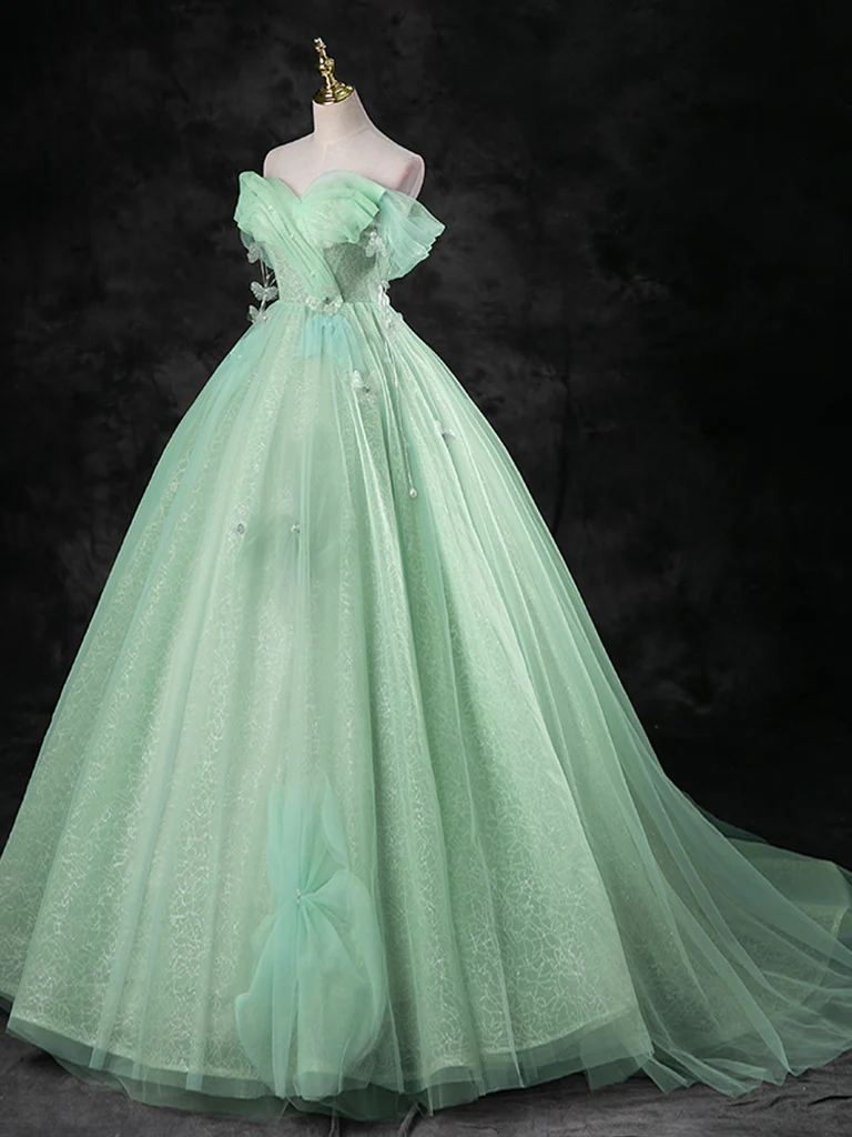 Green A-Line Off Shoulder Tulle Long Prom Dress, Green Long Formal Dress - Deanwangkt
