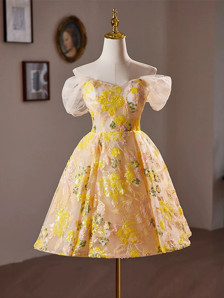 A-Line Off Shoulder Tulle Lace Short Yellow Prom Dress, Yellow Homecoming Dress - Deanwangkt