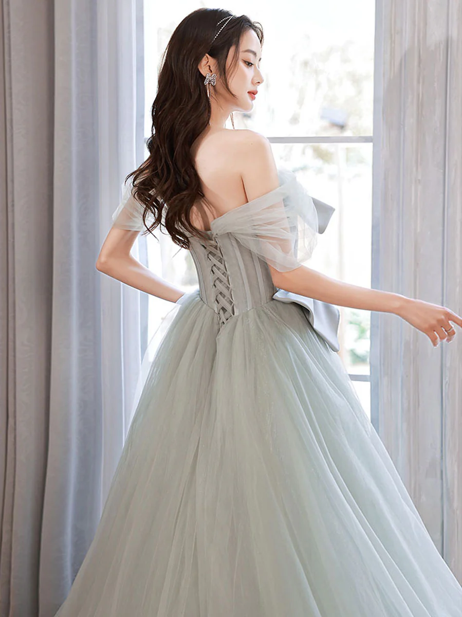 Gray Green Tulle Long Prom Dresses, Tulle Formal Graduation Dresses - Deanwangkt