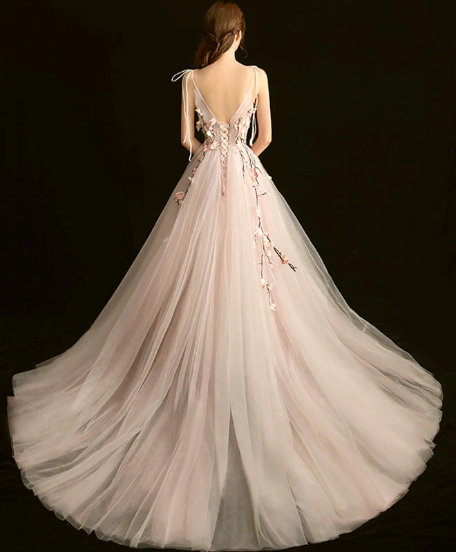 High Quality V Neck Lace Long Prom Dress, Light Pink Evening Dress - Deanwangkt