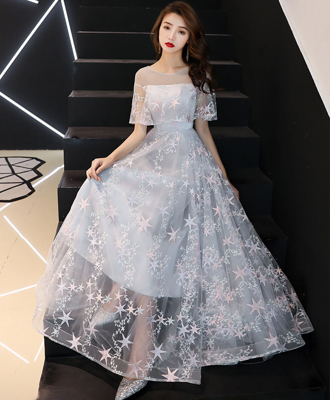 Gray Tulle Lace Long Prom Dress Gray Tulle Formal Dress - Deanwangkt