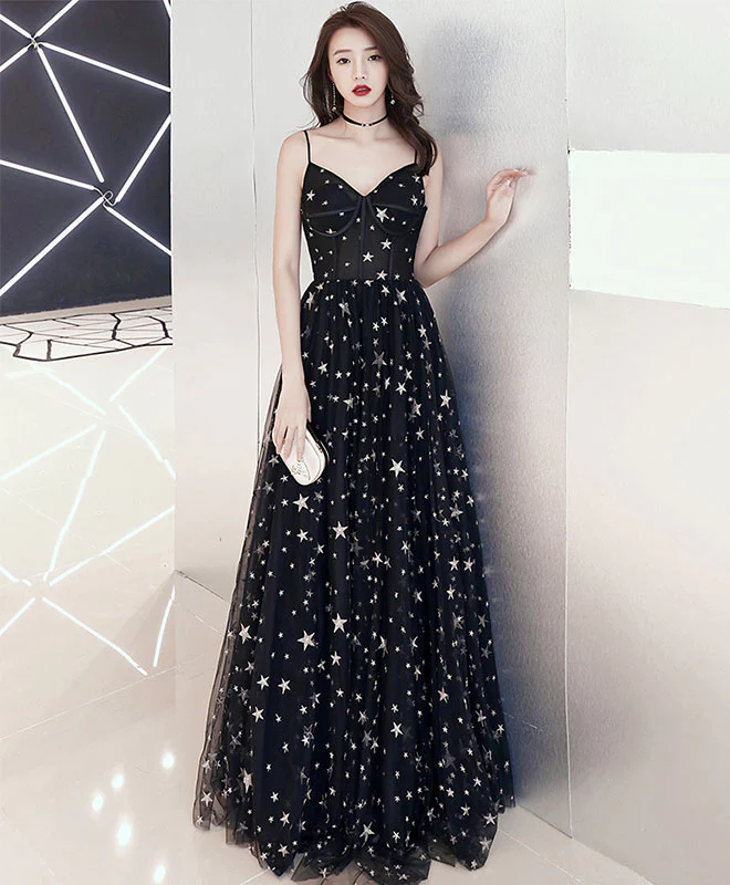 Black V Neck Tulle Long Prom Dress, Black Evening Dress - Deanwangkt