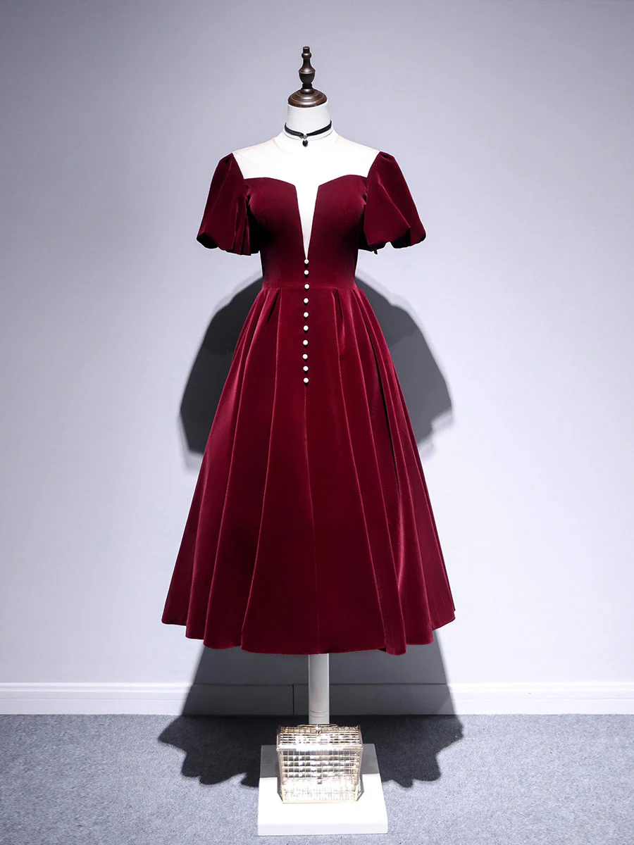 A line Velvet Tea Length Prom Dresses, Burgundy Velvet Bridesmaid Dresses - Deanwangkt