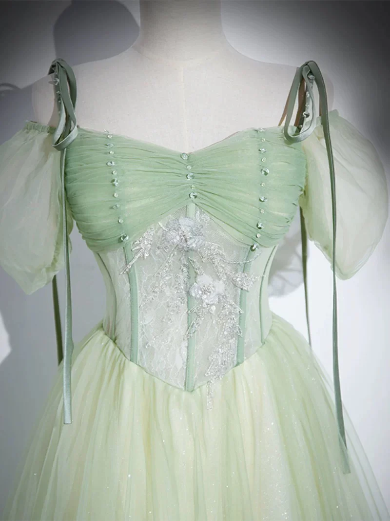 A-Line Tulle Lace Green Long Prom Dress, Green Long Evening Dress - Deanwangkt