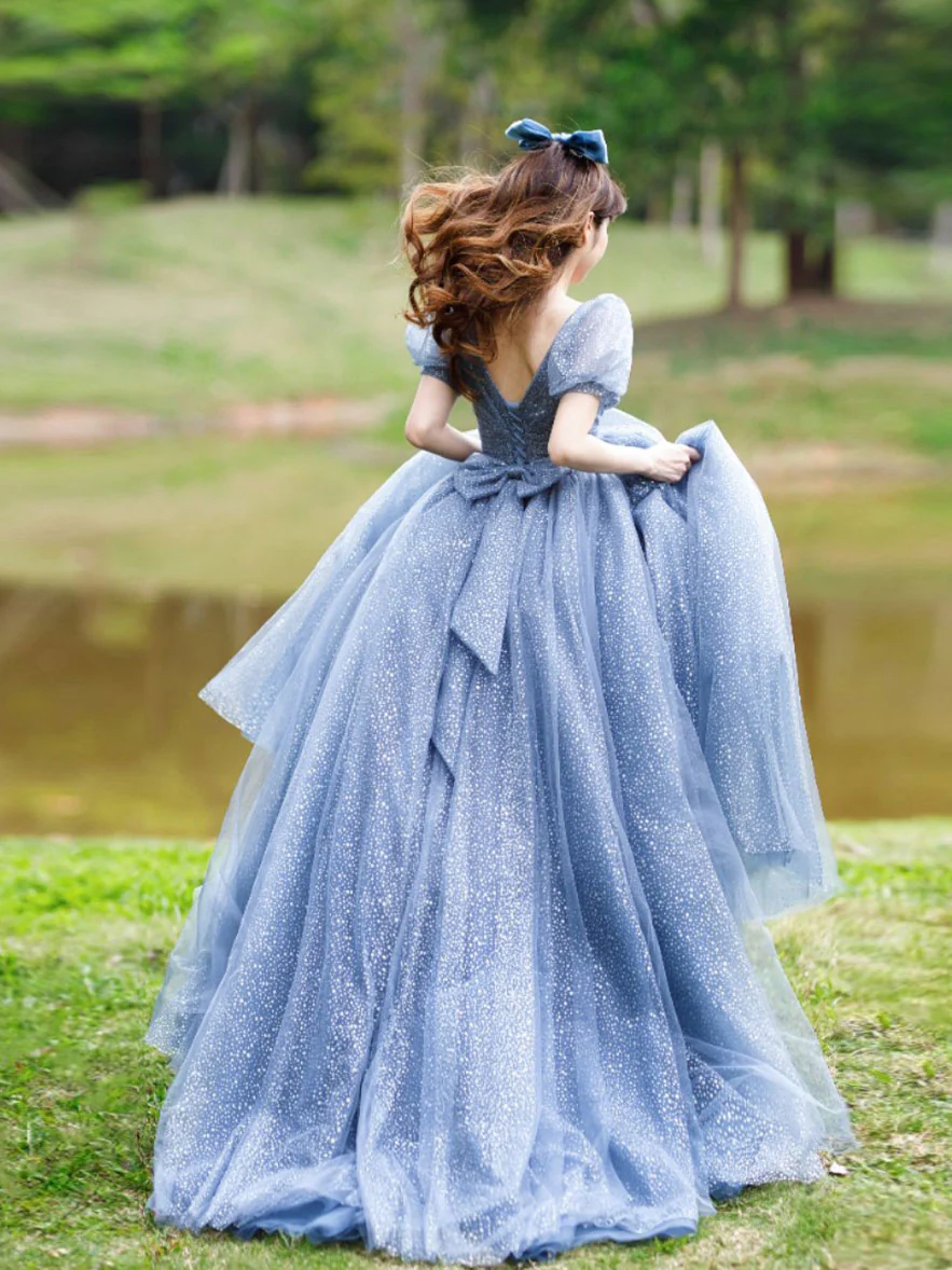 Blue Tulle V Neck Tulle Long Prom Dress, Blue Sweet 16 Dress - Deanwangkt