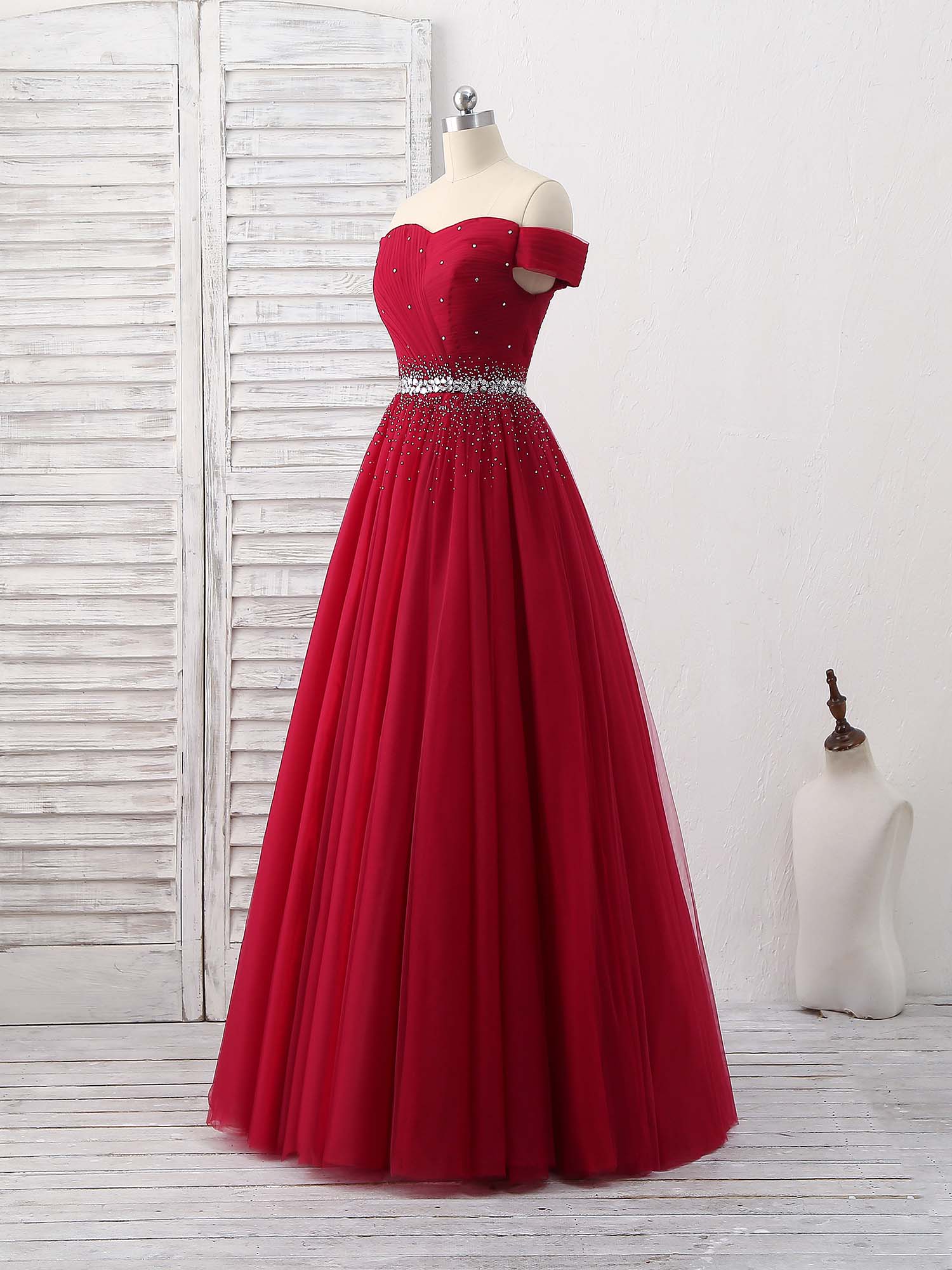 Burgundy Tulle Sweetheart Neck Long Prom Dress, Burgundy Evening Dress - Deanwangkt