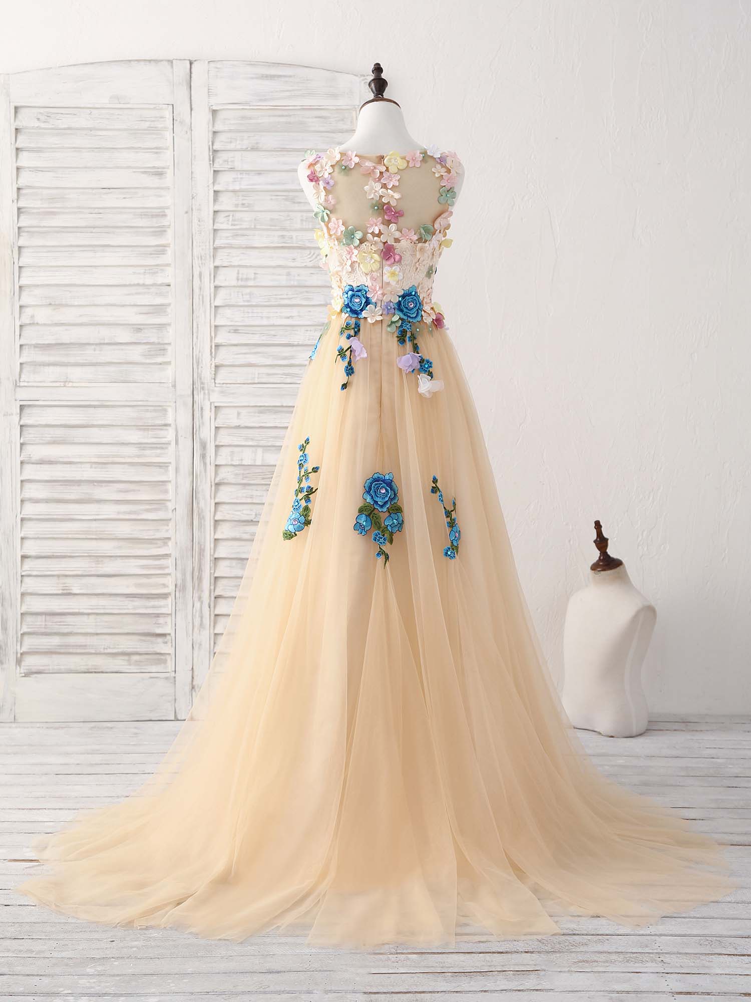 Tulle Lace Applique Long Prom Dress, Ivory Evening Dress - Deanwangkt