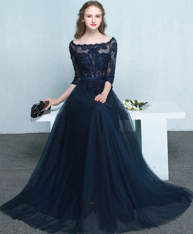 Dark Blue Lace Long Prom Dress, Long Sleeve Evening Dress - Deanwangkt