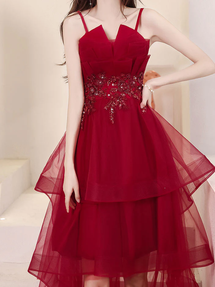 Tulle High Low Burgundy Prom Dress, Burgundy Homecoming Dress - Deanwangkt