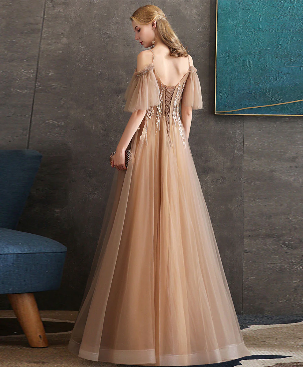 Champagne Tulle Lace Long Prom Dress Tulle Formal Dress - Deanwangkt