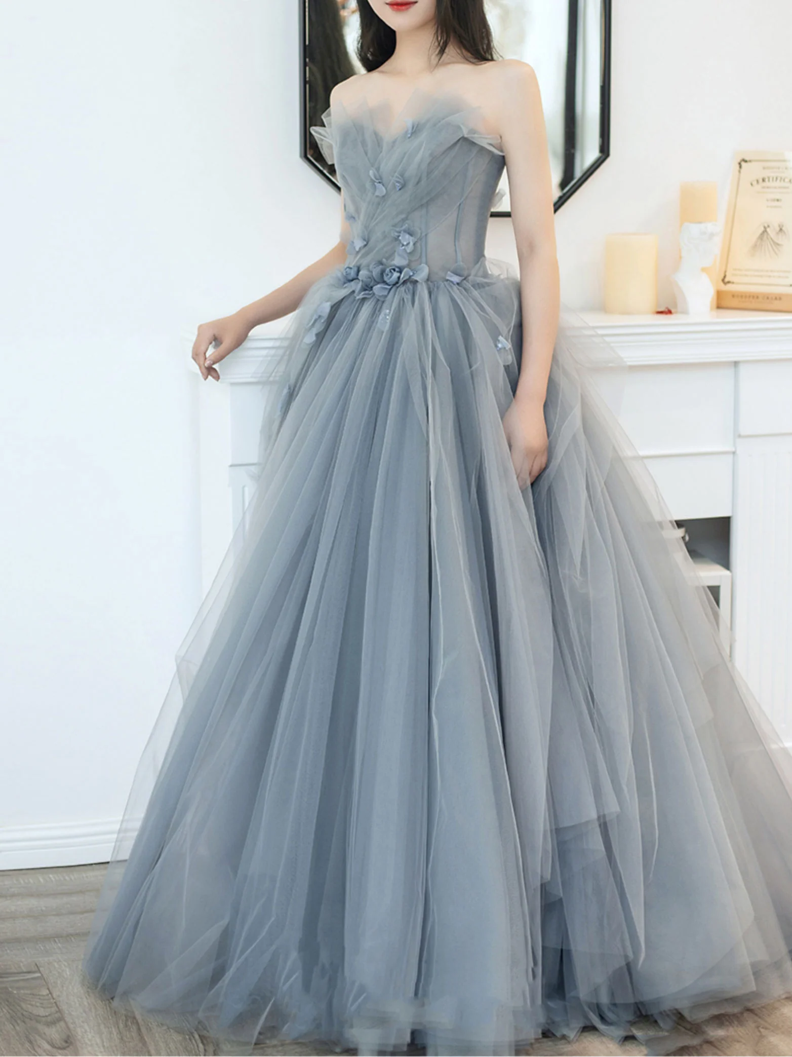Gray Long Prom Dress, Gray Tulle Ball Gown Formal Dresses - Deanwangkt