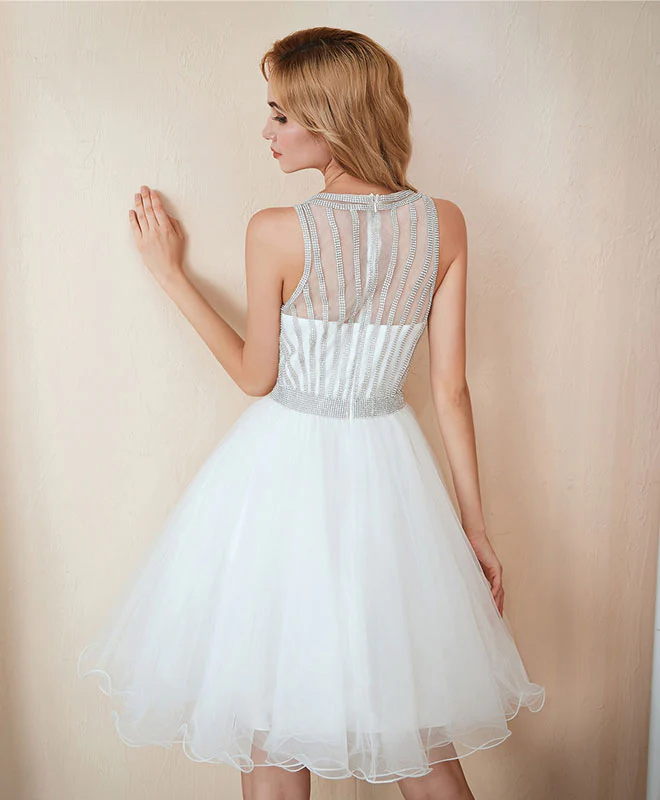 White Tulle Short Prom Dress, White Homecoming Dress - Deanwangkt