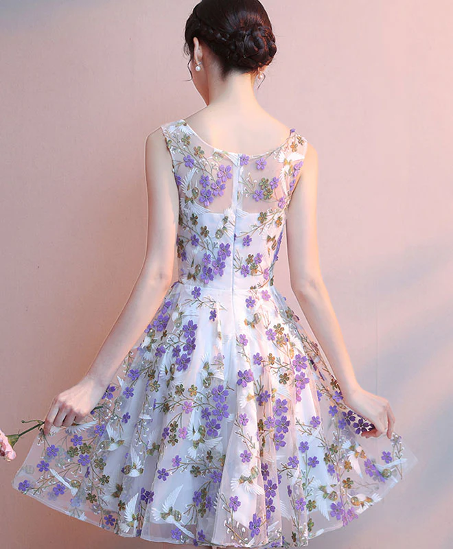Cute Tulle Purple Flower Short Prom Dress Tulle Homecoming Dress - Deanwangkt