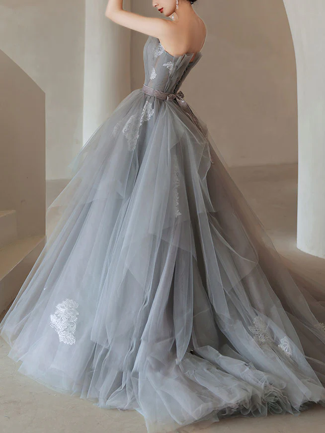 Gray Tulle Lace Long Prom Dress, Tulle Lace Evening Dress - Deanwangkt