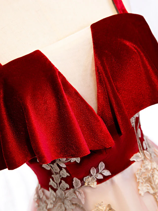 Burgundy A-line Tulle Lace Long Prom Dress Tulle Formal Dress - Deanwangkt