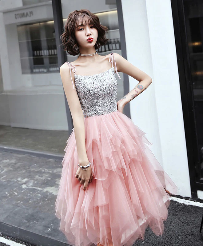 Pink Tulle Sequin Short Prom Dress, Pink Tulle Homecoming Dress - Deanwangkt
