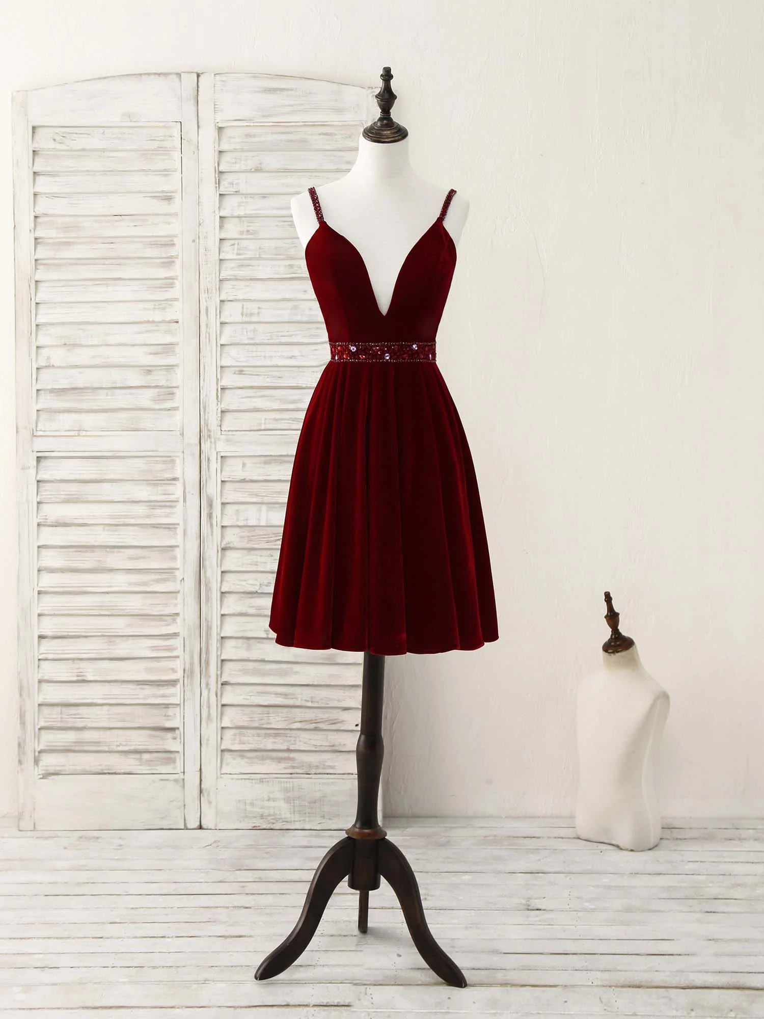 Burgundy V Neck Velvet Short Prom Dress, Burgundy Homecoming Dress - Deanwangkt
