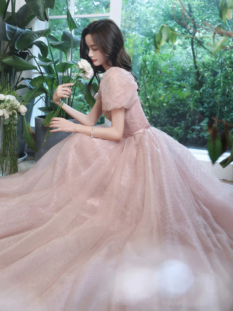 Pink A line Tulle Long Prom Dress. Pink Lace Bridesmaid Dress - Deanwangkt
