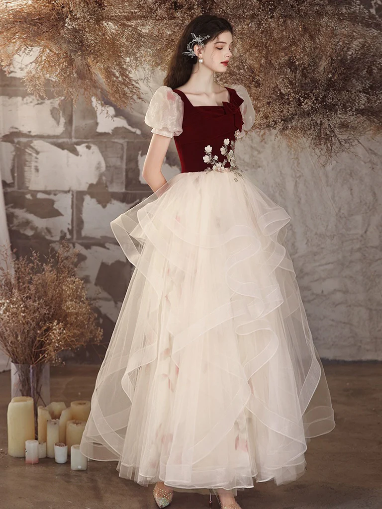 A-Line Tulle Velvet Burgundy/Champagne Long Prom Dress, Cute Sweet 16 Dress - Deanwangkt