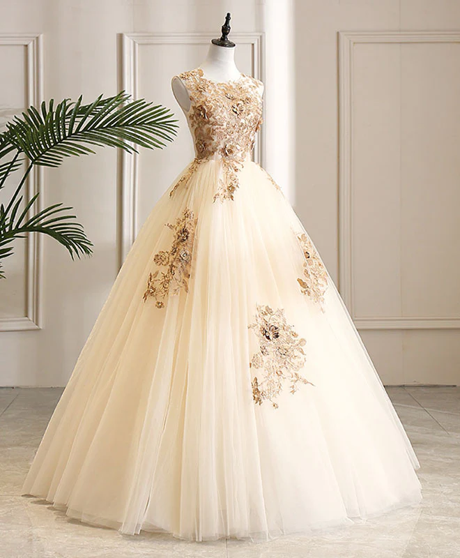 Champagne Tulle Lace Long Prom Dress Champagne Evening Dress - Deanwangkt