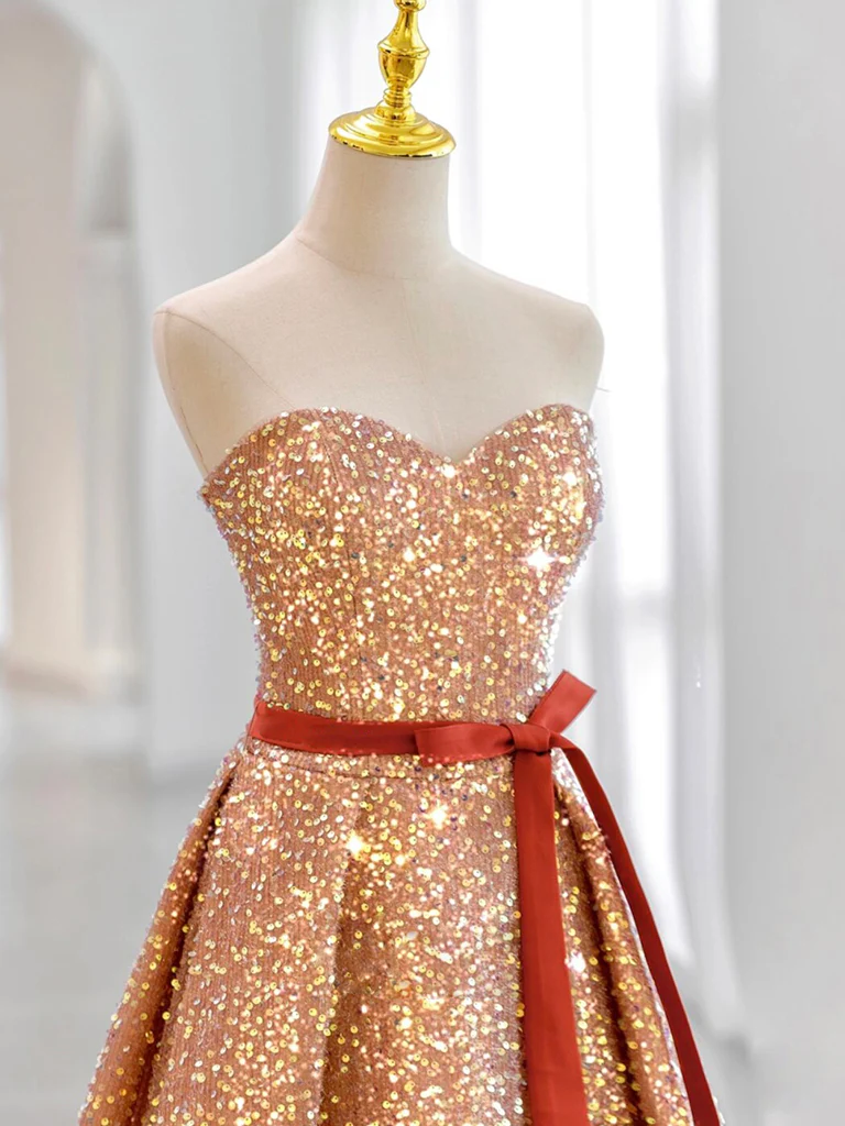 A-Line Sweetheart Neck Velvet Sequin Champagne Gold Long Prom Dress - Deanwangkt