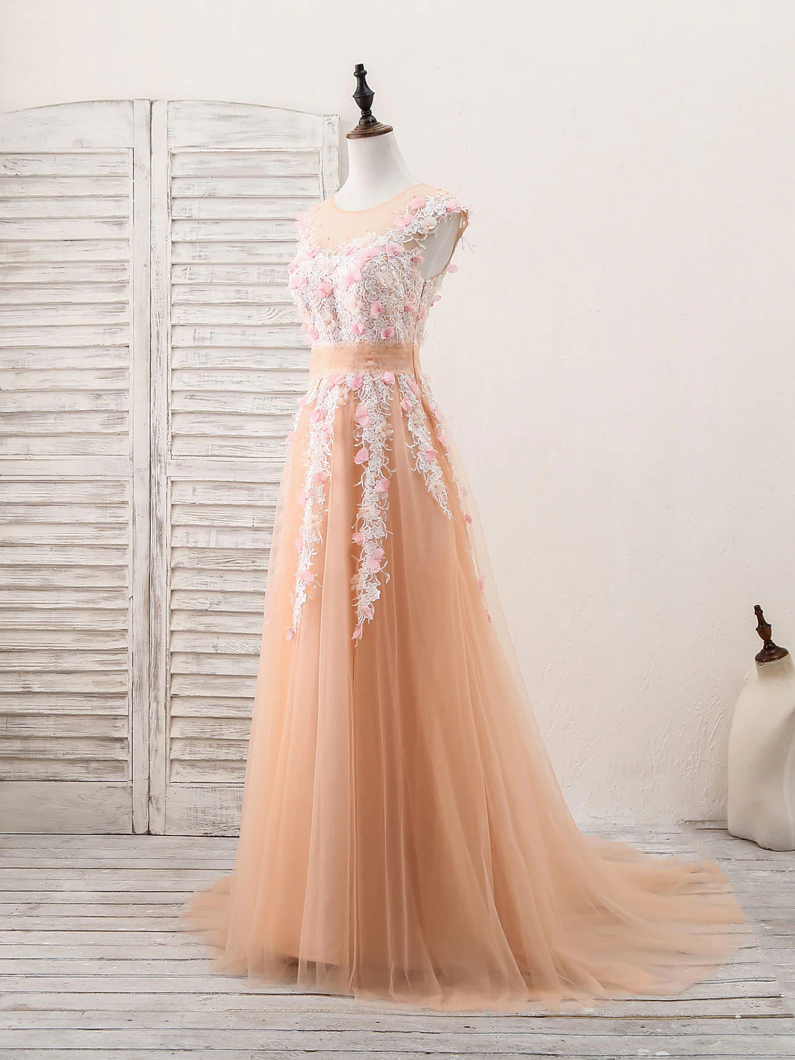 Champagne Tulle Lace Long Prom Dress, Champagne Evening Dress - Deanwangkt