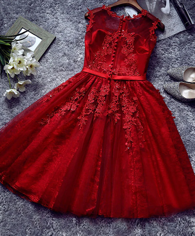 Burgundy Lace Tulle Short Prom Dress, Lace Homecoming Dresses - Deanwangkt