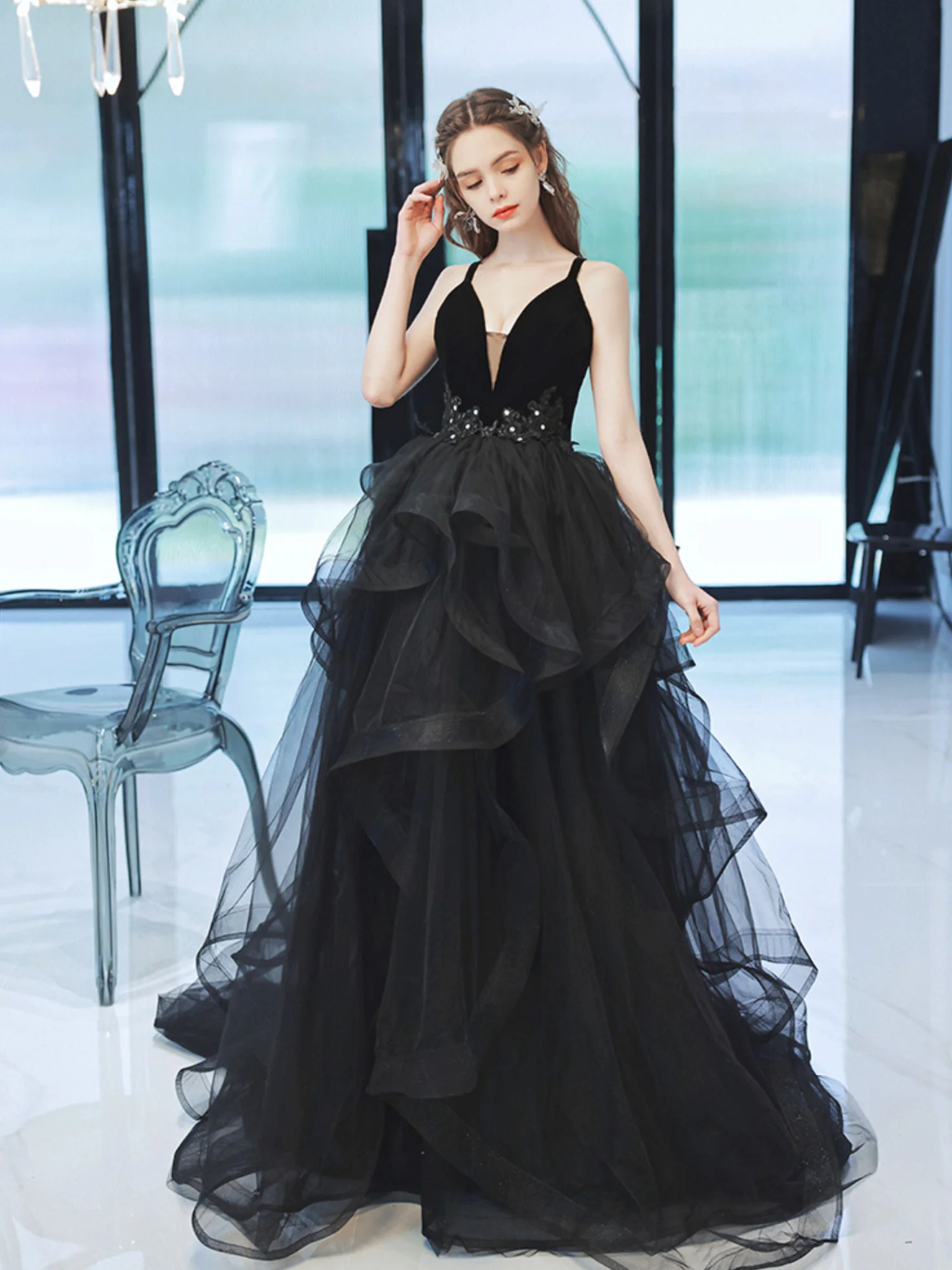 Black V Neck Tulle Long Prom Dress, Black Tulle Formal Graduation Dresses - Deanwangkt