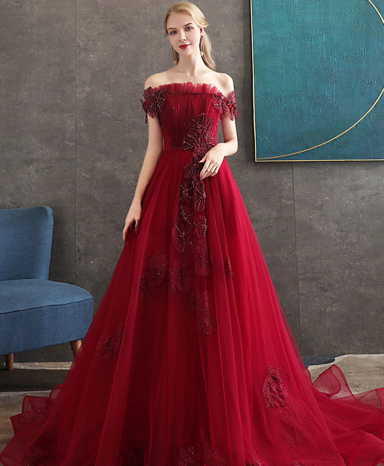 Burgundy Tulle Lace Long Prom Dress Burgundy Tulle Evening Dress - Deanwangkt